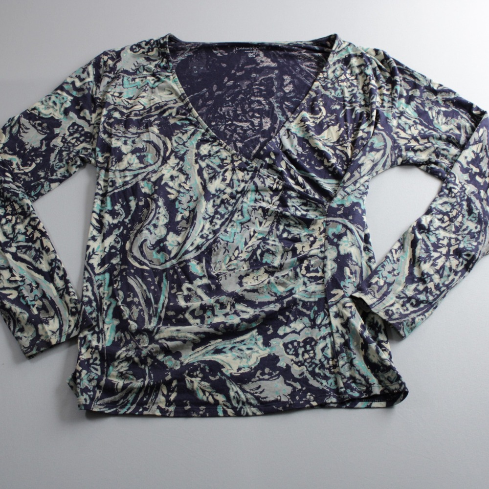 Coldwater Creek Paisley Surplice Wrap Top Navy Teal M 10-12 Casual Office Work